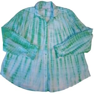 Foxcroft Button Up Shirt Women’s Sz 10P Top All Over Tie Dye Green Collar Zoey